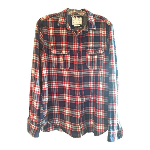 Denim & Flower Flannel Collection Button Up Pockets Red White Blue Plaid L Slim - Picture 1 of 12